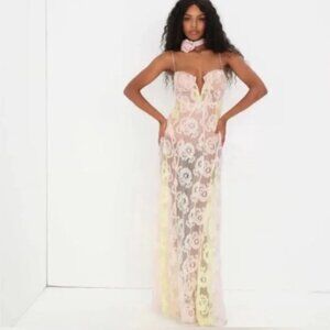 NWT | For Love & Lemons Blossom Ivory Yellow Peach Lace Corset Maxi Dress Medium
